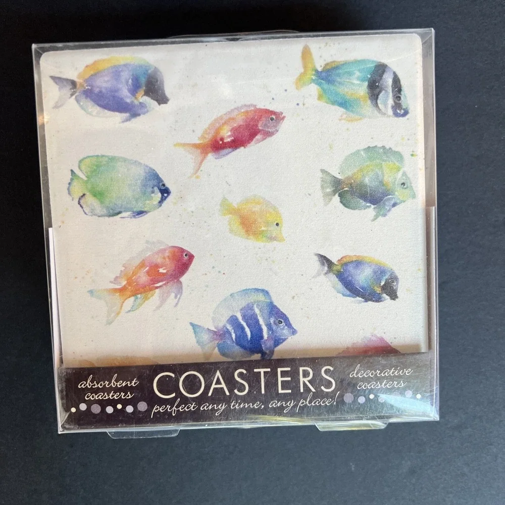 Thirstystone Absorbent Coasters 4 Tropical Fish Nautical Cork Backed NEW